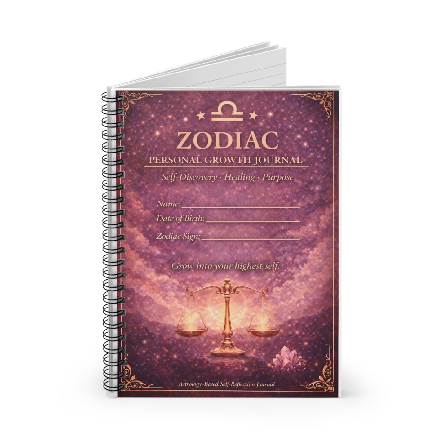 Zodiac Personal Growth Journal — Ruled Spiral Notebook (Libra Scales Cover)